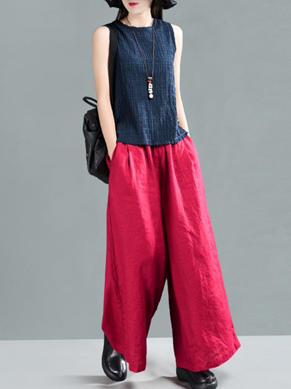 Harriett Vintage Casual Elastic-waist Linen Wide Leg Pants with Pockets