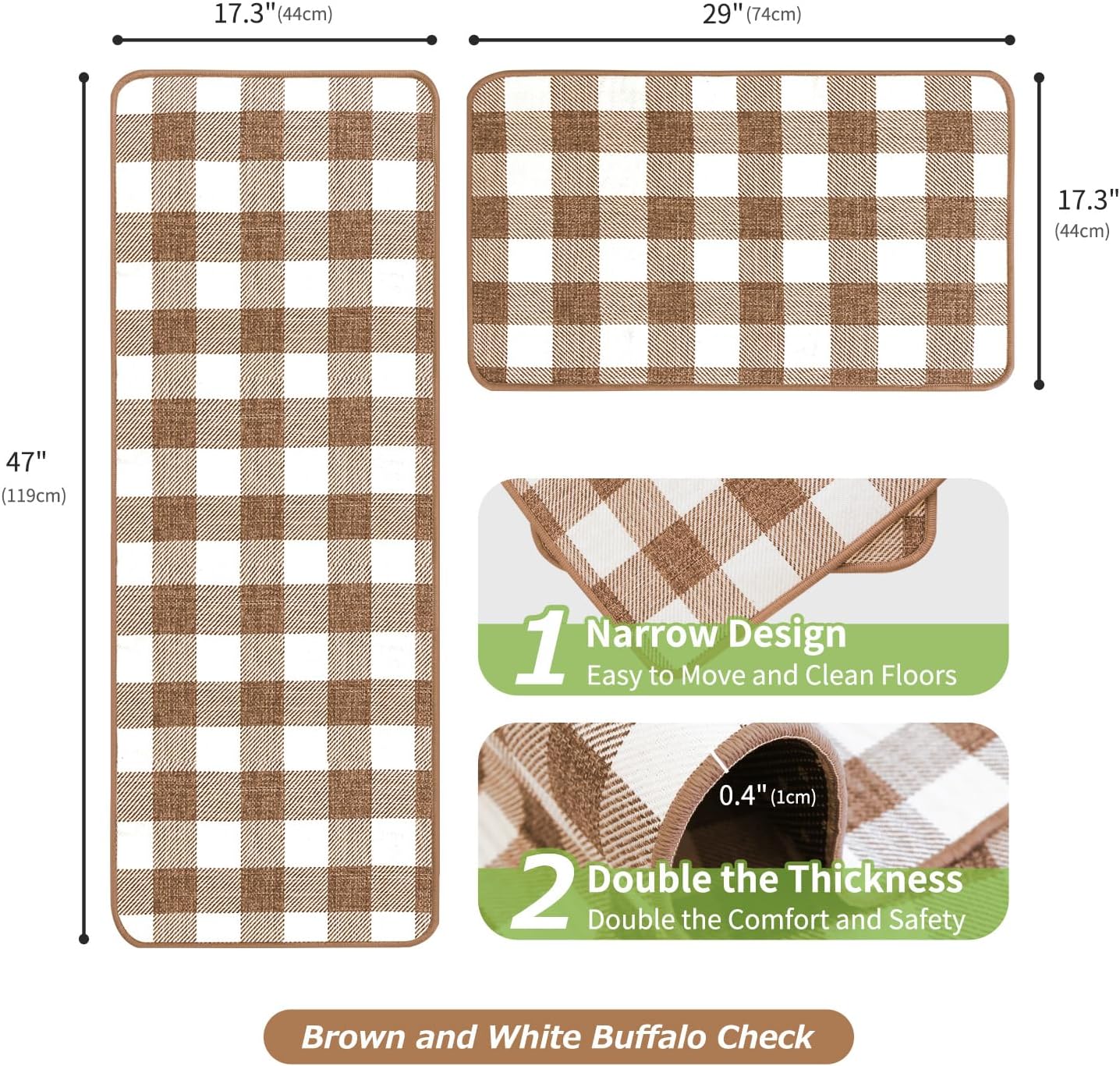 Buffalo Check Plaid Kitchen Rug Set - 2PCS (17x47 & 17x29), Farmhouse Style, Non-Printed Woven Surface, Non-Slip, Machine Washable, Black & White