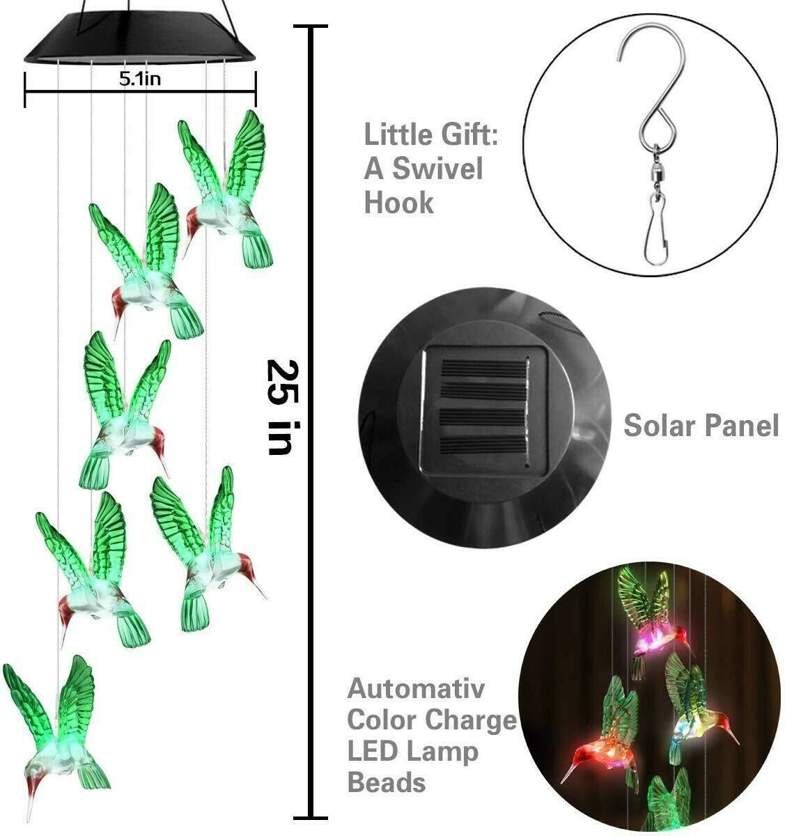 Last Day Sale-Solar LED Lights Hummingbird Wind Chimes