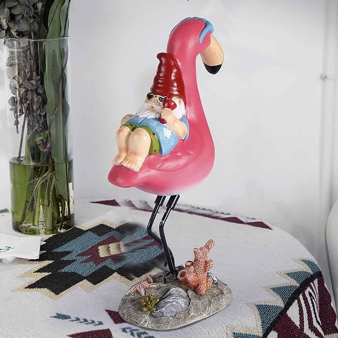 Gnome Garden Statue，Funny Gnome Reclining on Flamingo Figurines