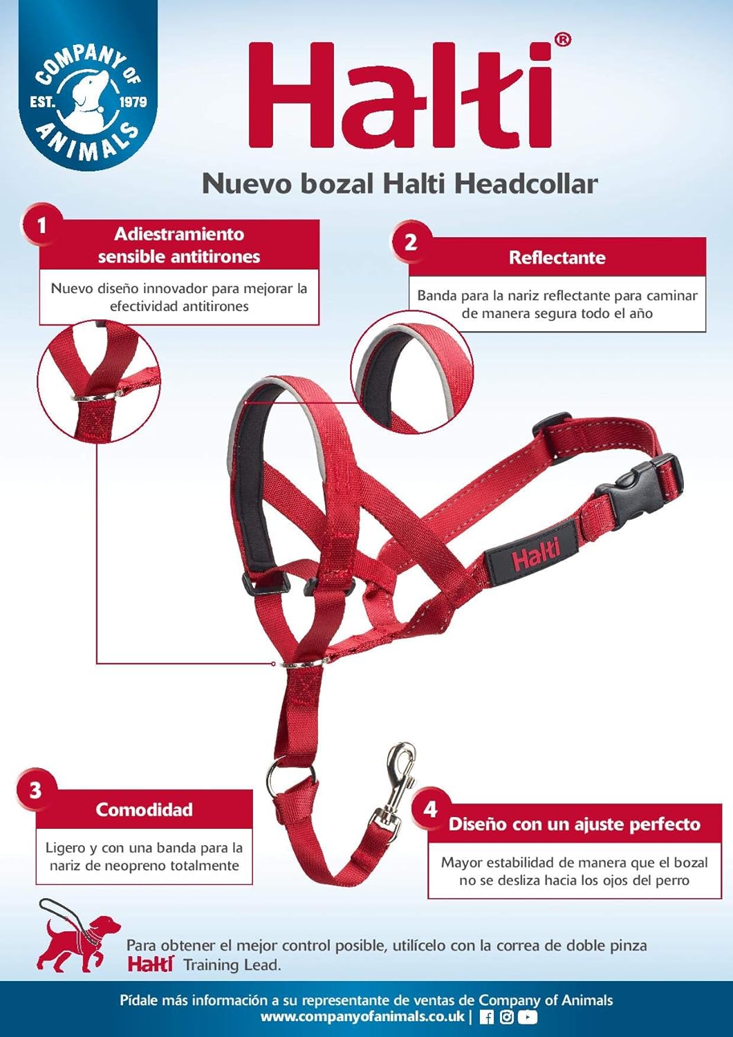 HALTI Headcollar - To Stop Your Dog Pulling on the Leash. Adjustable, Reflective and Lightweight, with Padded Nose Band. Dog Training Anti-Pull Collar for Medium Dogs (Size 3, Red)