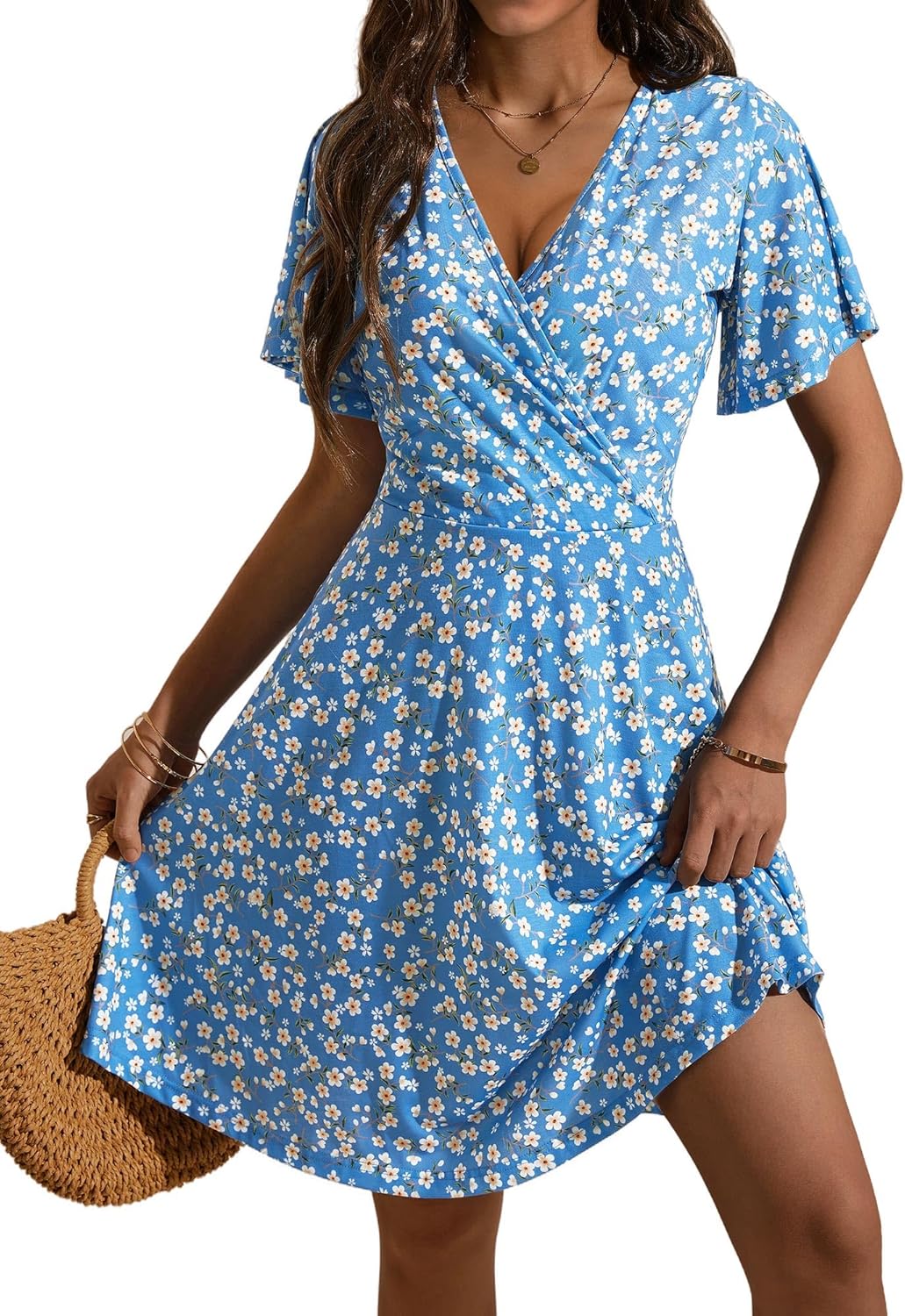 FENSACE Womens Sundress Summer Floral Short Sleeve Wrap V Neck A-Line Midi Dress