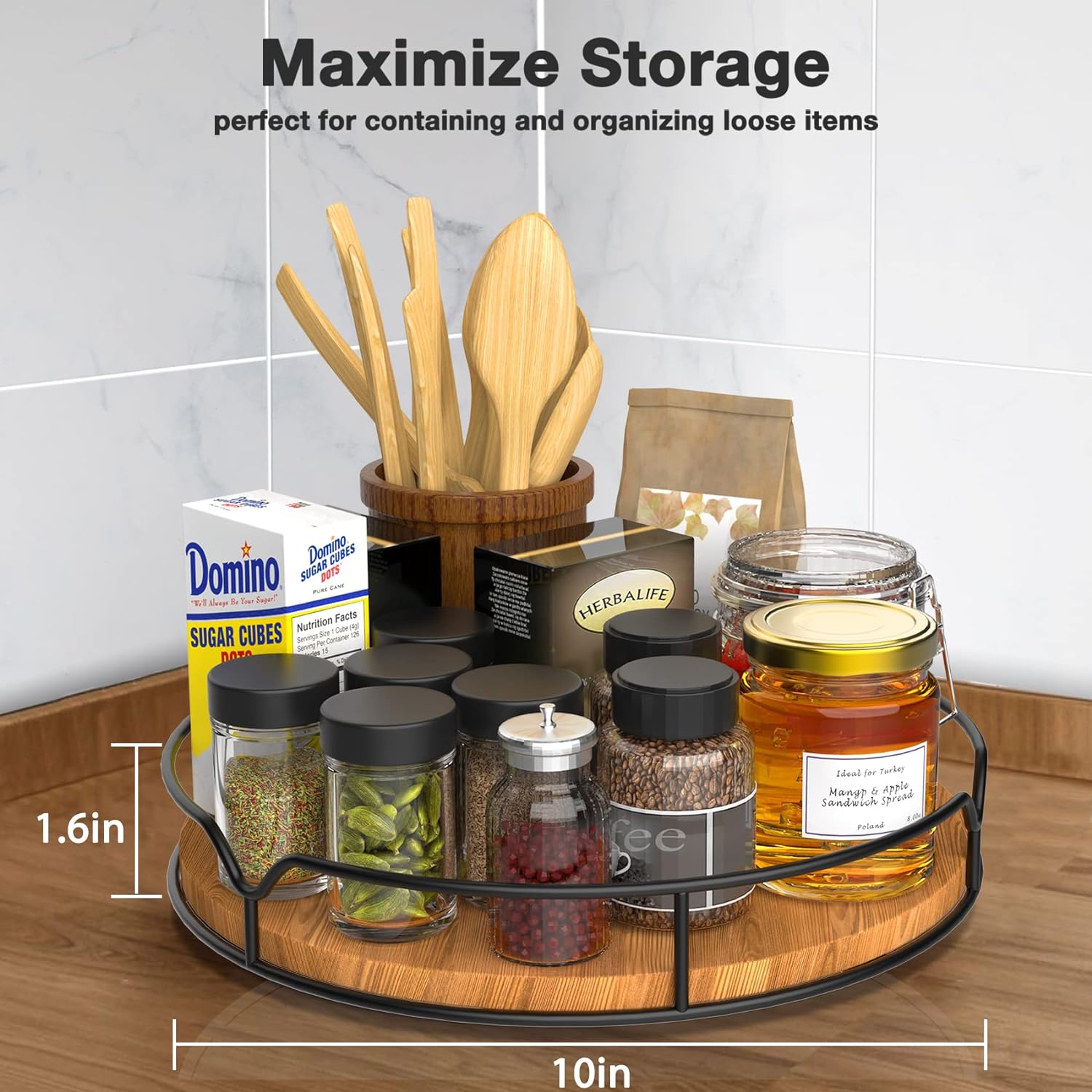 Lazy Susan Turntable Organizer for Cabinet Pantry Kitchen Countertop Refrigerator Cupboard, Pine Wood, 9