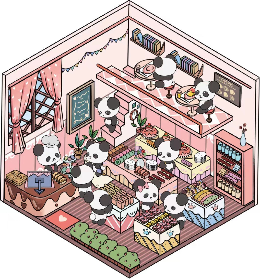 Cute Panda Sticker Scene, Panda Music Festival|Bookstore|Dessert Shop|Supermarket