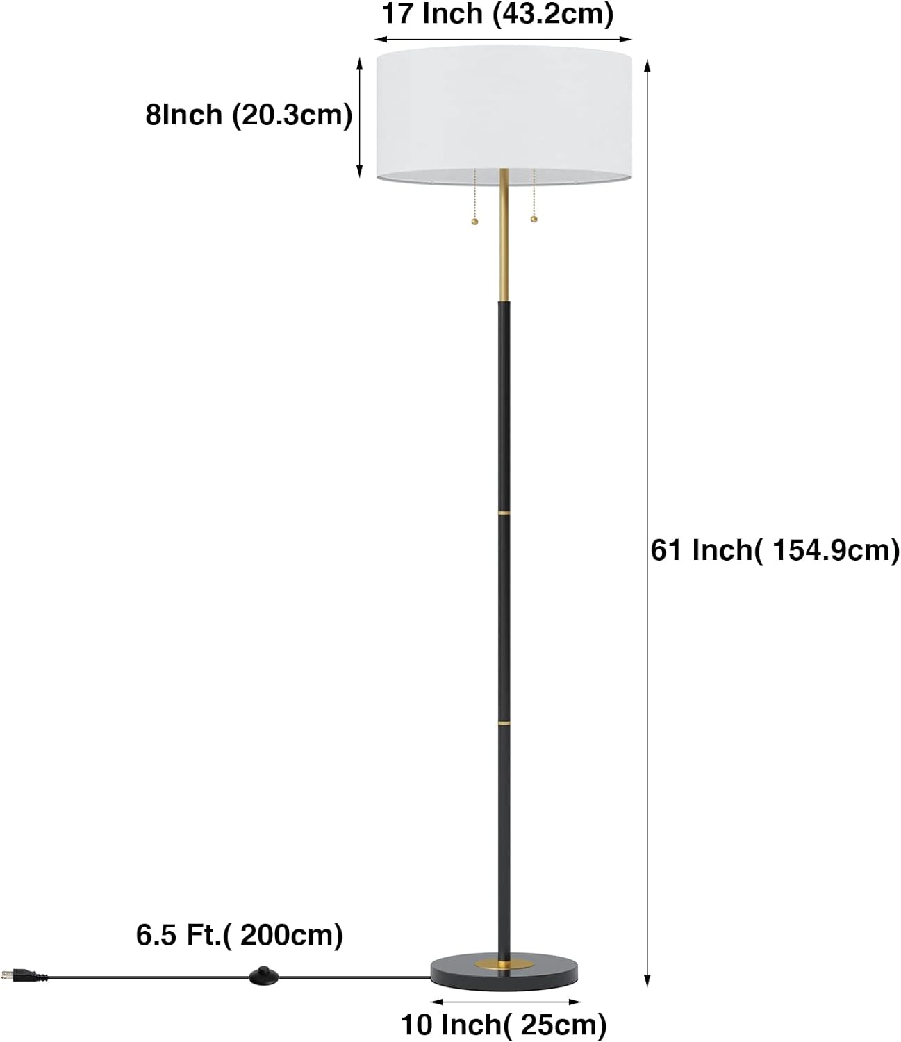 2-Light Floor Lamp, Mid Century Floor Lamp with White Fabric Shade, Standing Lamp Tall Lamp for Living Room Bedroom, 3 Color Temperatures 9W Bulb Include