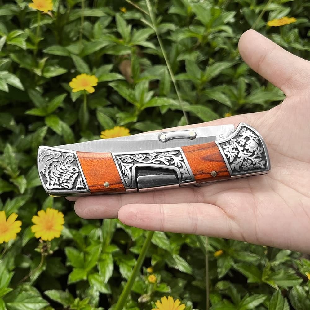 🔪 Folding EDC Pocket Knife – Classic Wood Handle