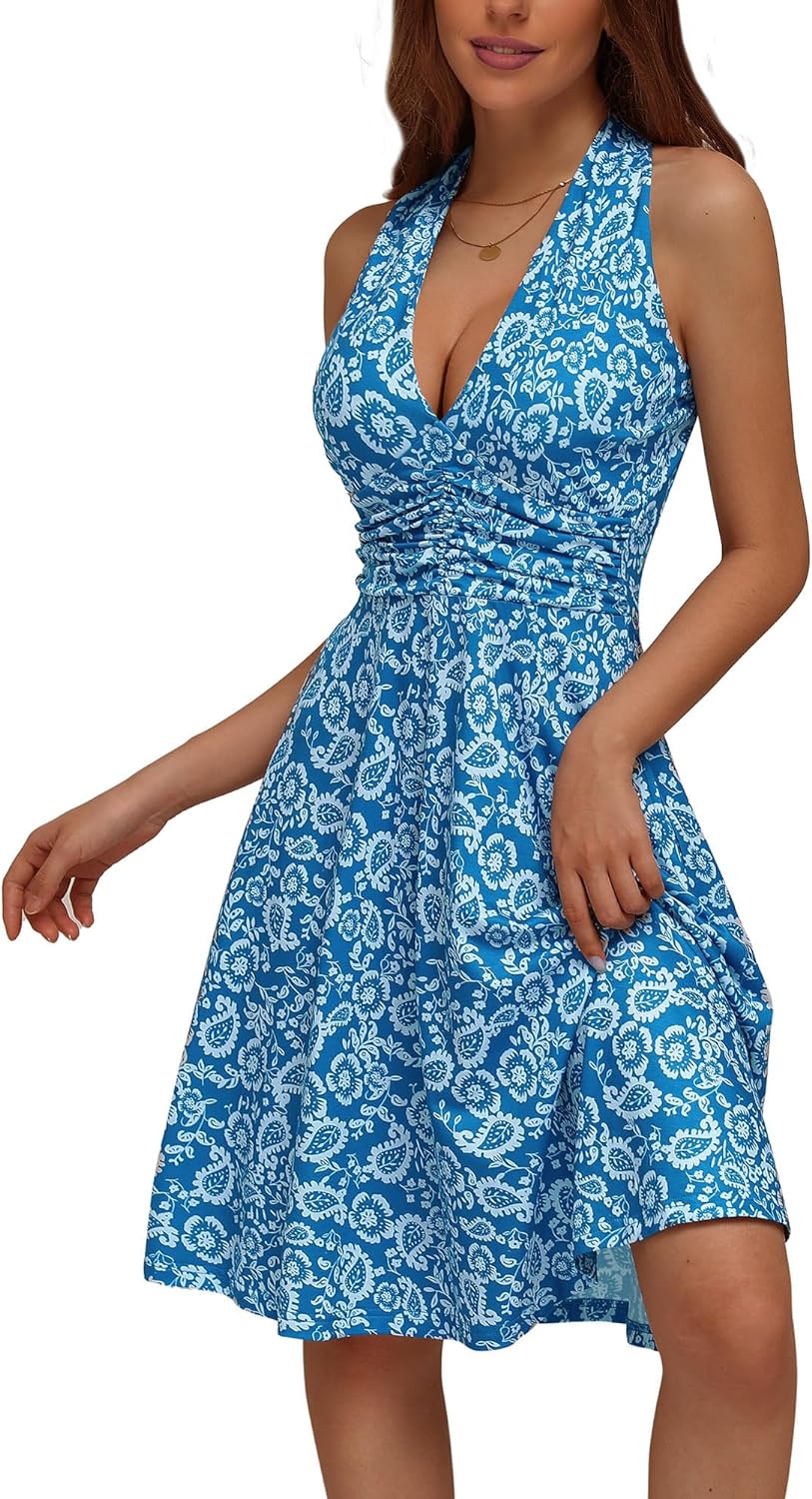 HUHOT Women's Summer Sundress Sleeveless Halter Neck Spring Boho Floral with Pocket Elastic Waist Ruffle Mini Dresses 2024