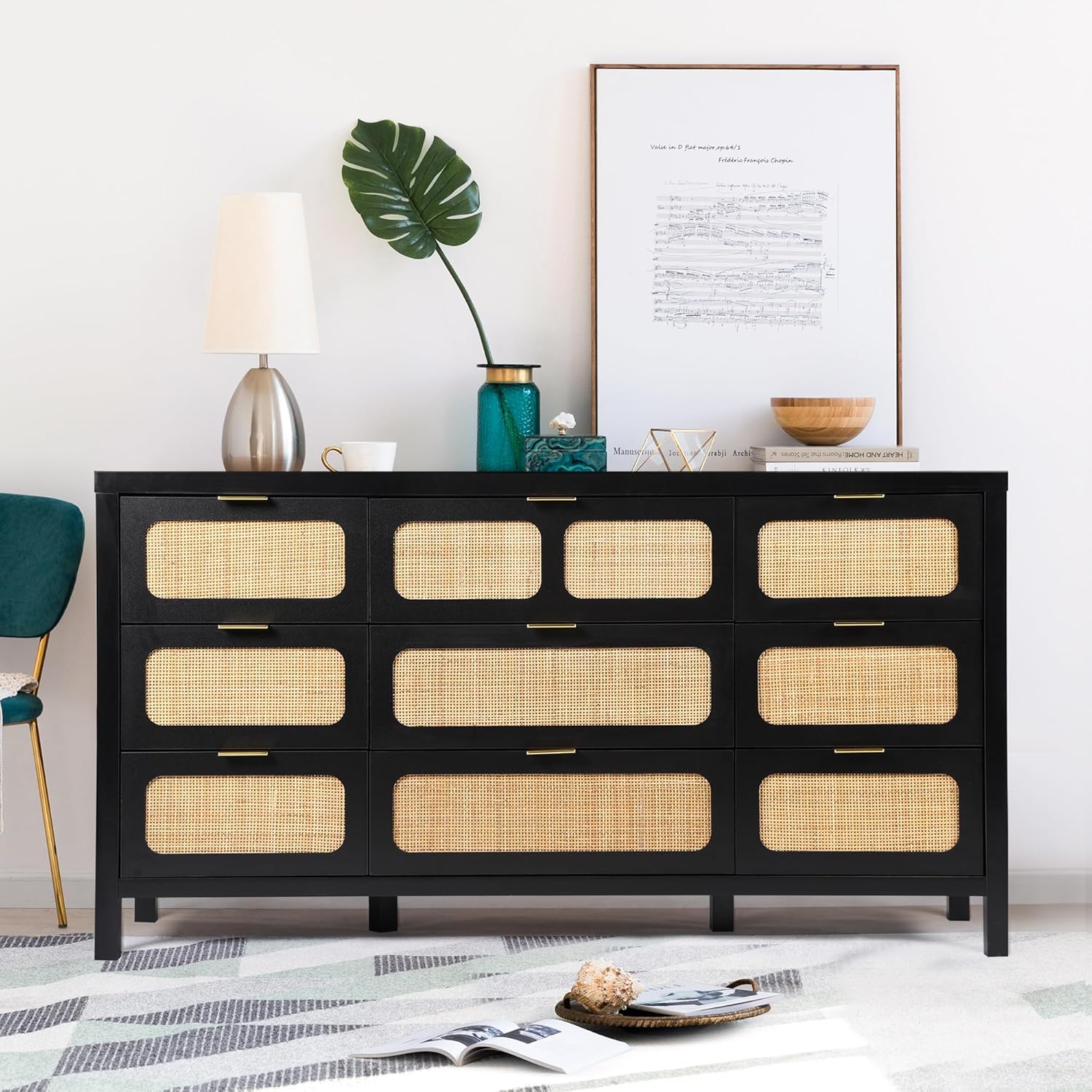 9 Drawer Dresser with Rattan Finish, Modern Farmhouse Chest of Drawers with Metal Handles, Accent Wood Storage Cabinet for Bedroom, Living Room and Kitchen (Natural)