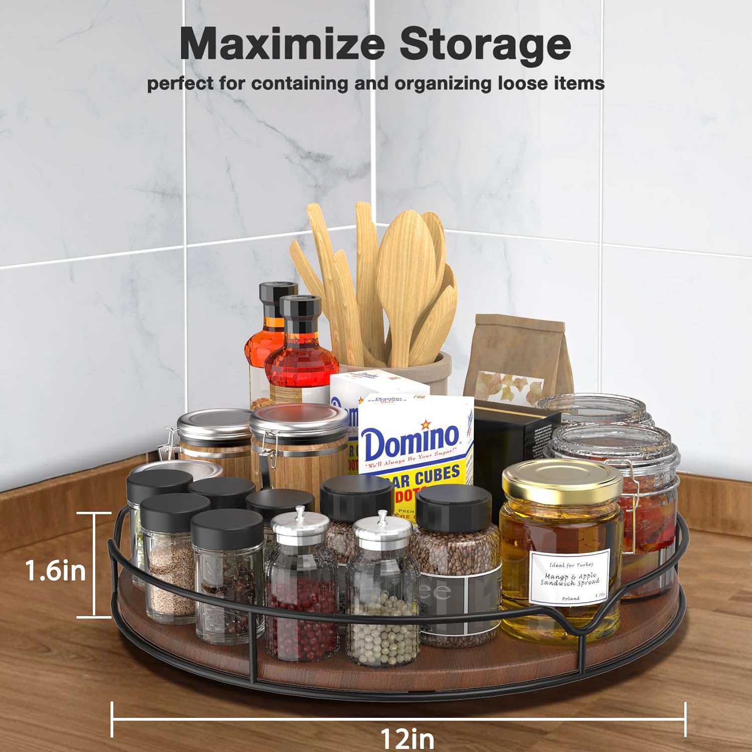 Lazy Susan Turntable Organizer for Cabinet Pantry Kitchen Countertop Refrigerator Cupboard, Pine Wood, 9