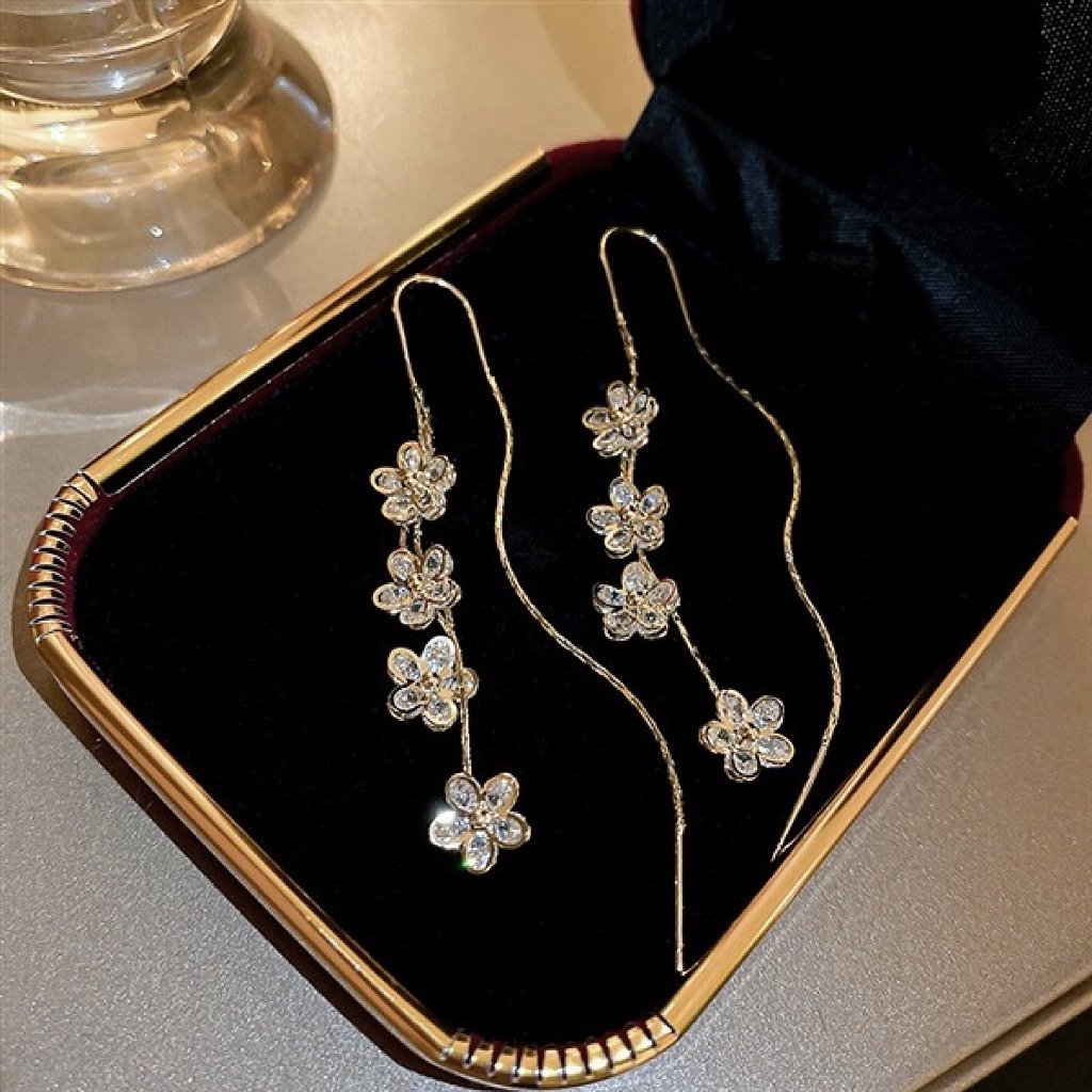 Fashion Crystal Flower Tassel Earrings