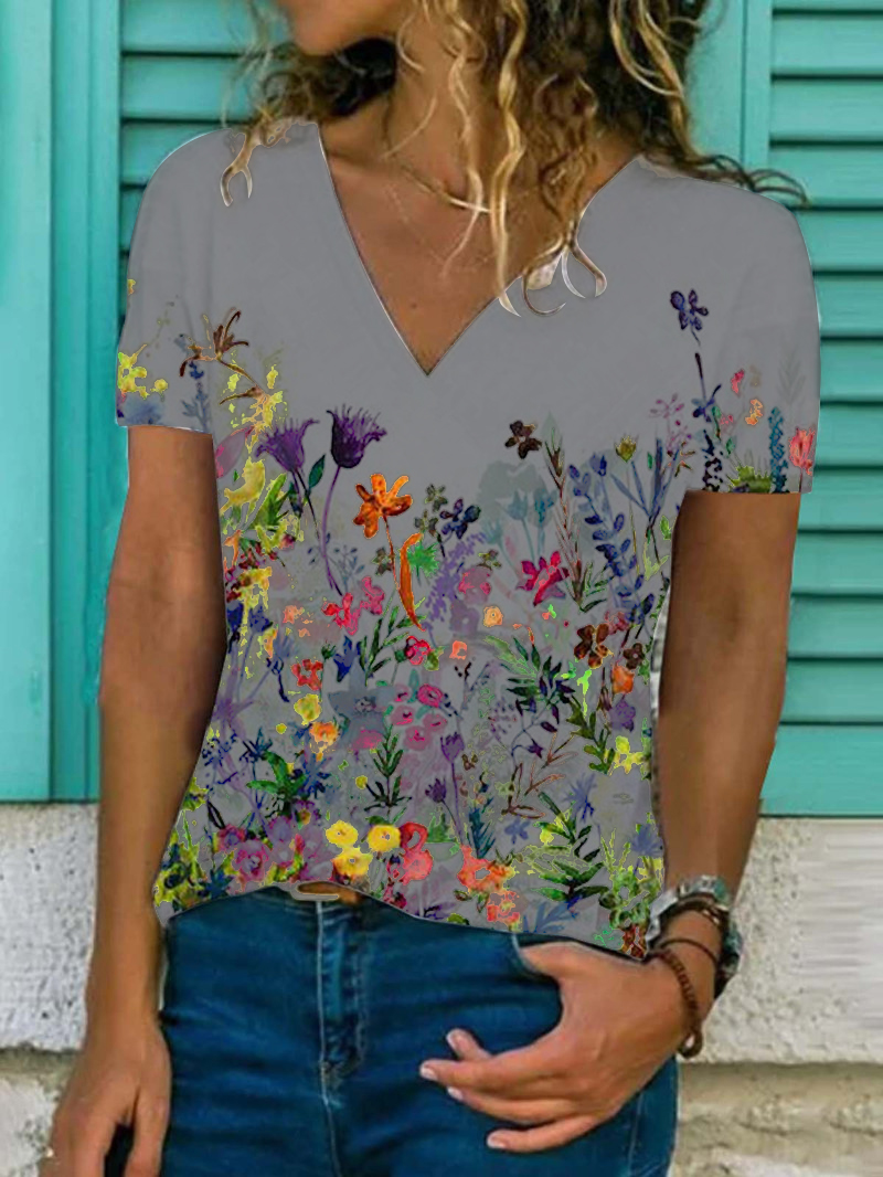 2021 flower print casual V-neck short-sleeved T-shirt for women