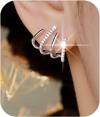 PANSHI Sterling Silver Post Cubic Zirconia Half Hoop Stud Earrings Looks Like 4 Gold Hoop Earrings for Women