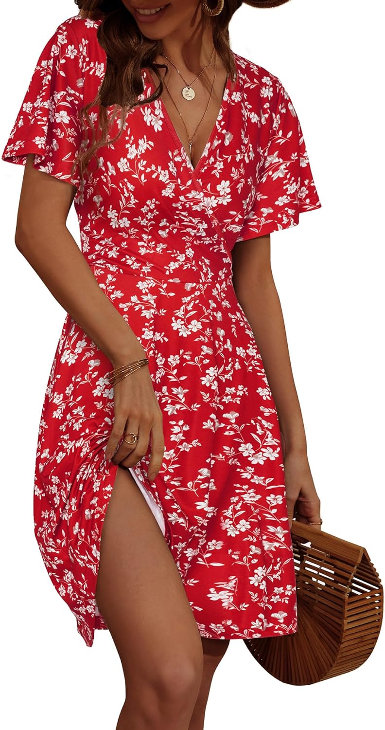 FENSACE Womens Sundress Summer Floral Short Sleeve Wrap V Neck A-Line Midi Dress