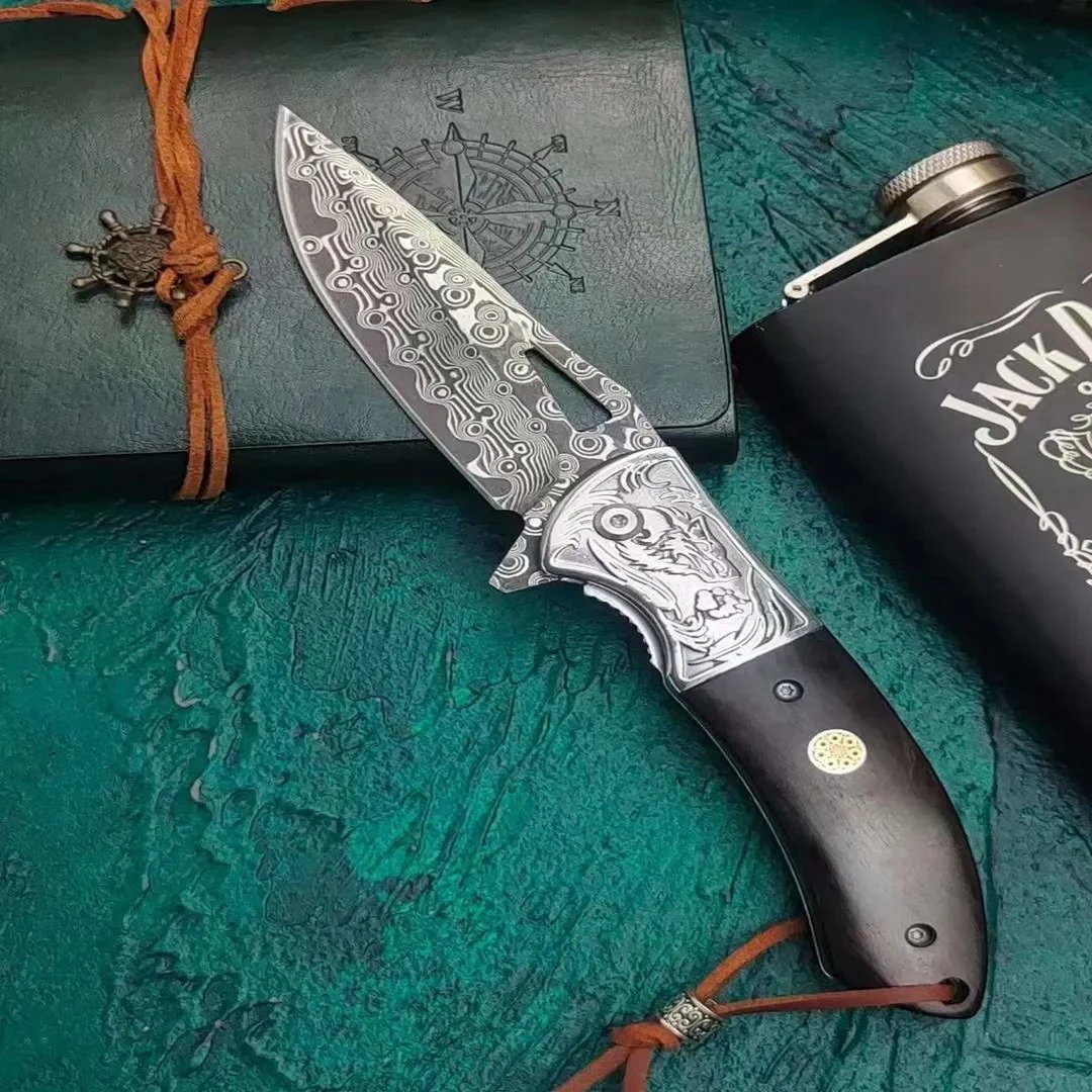 🐺 Damascus Pocket Knife – Handmade VG10 Steel with Abalone Shell Handle