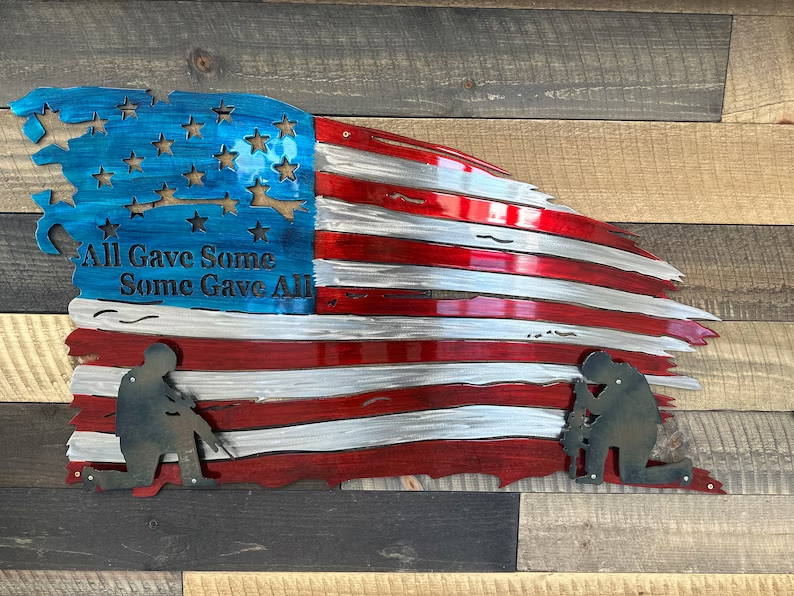 💕Handmade American Flag With Soldiers “All Gave Some Some Gave All” Veteran Patriotic Metal Wall Art