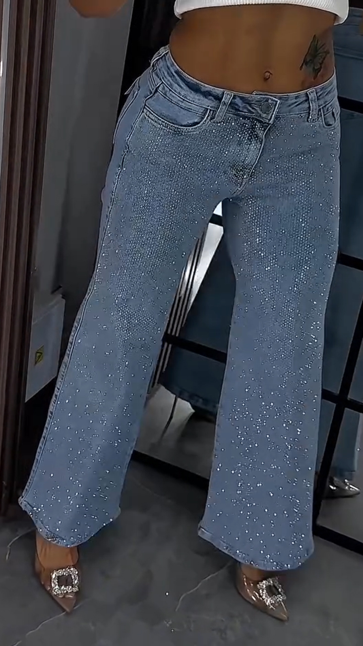 Women's Single-sided Rhinestone Casual Jeans