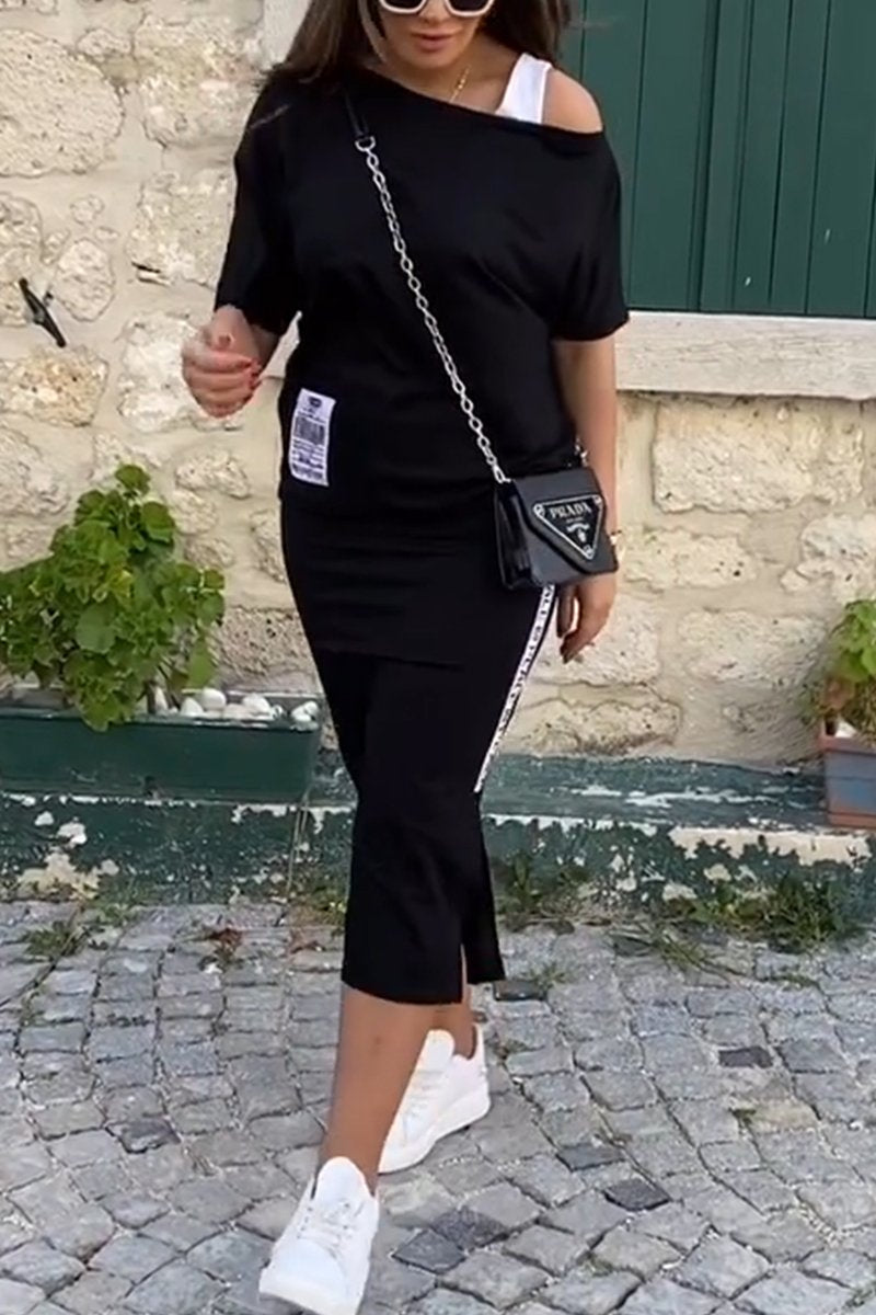 Women's Casual Contrast Color Fake Two-piece Off-Shoulder Top & Casual Stretch Contrast Color Letter Web Slit Slim Skirt