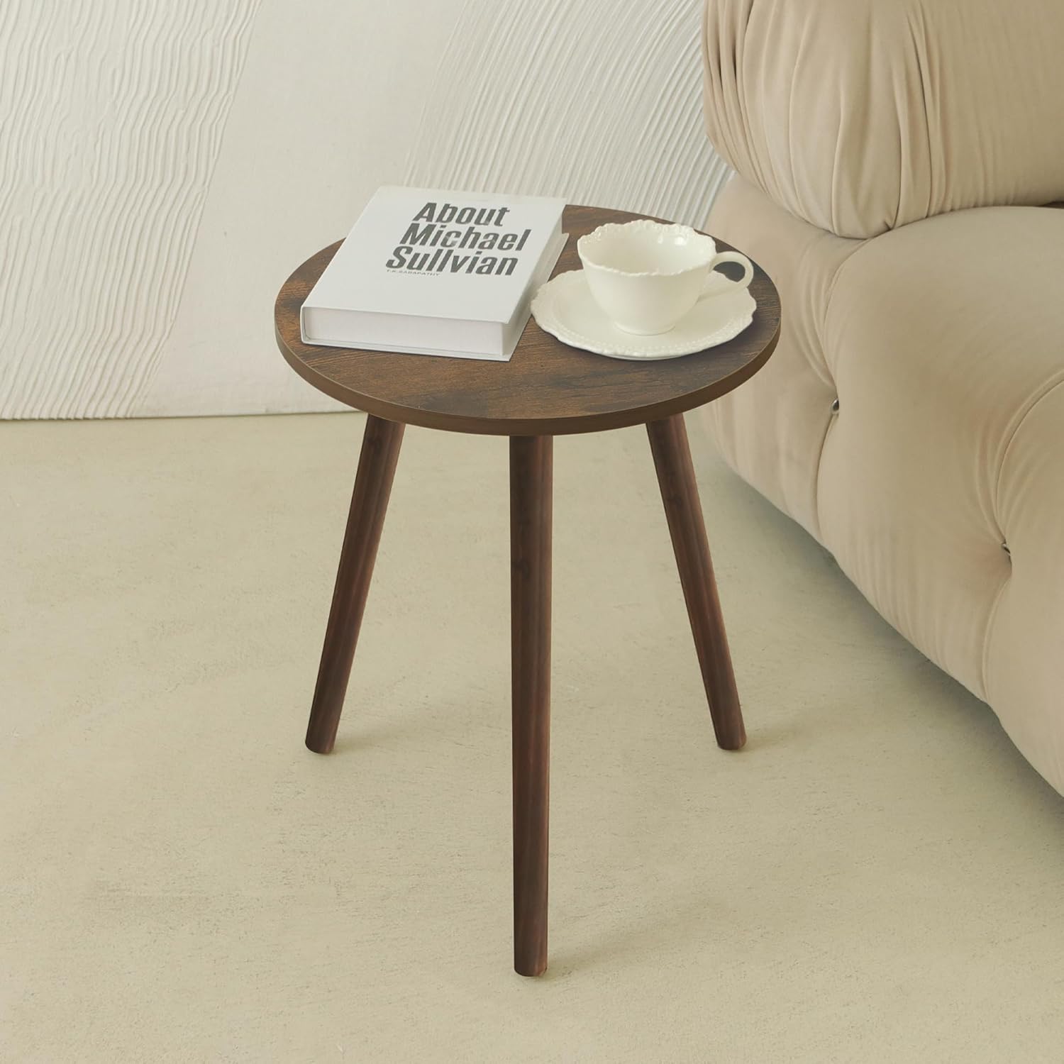 AWASEN Round Side Table, Small End Table for Living Room, Modern Wood Accent Table Coffee Side Table with Wood Legs for Small Space, Easy Assembly, Rustic Brown