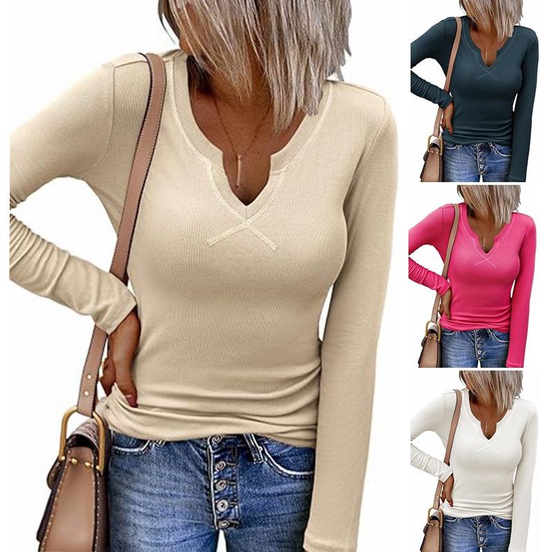 Deep U-neck Cross-neck Long-sleeved T-shirt Top