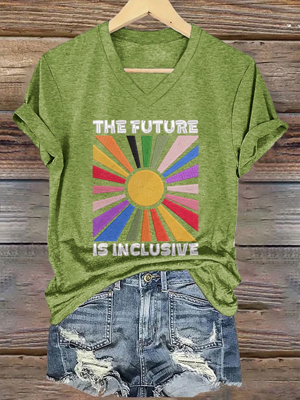 V-Neck Retro The Future Is Inclusive Print T-Shirt