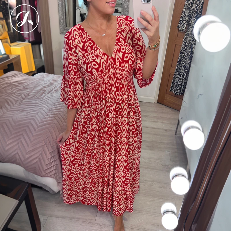 🔥Last Day Promotion 50% OFF🔥Bohemian Casual Print V-Neck Shirred Waist Long Dress