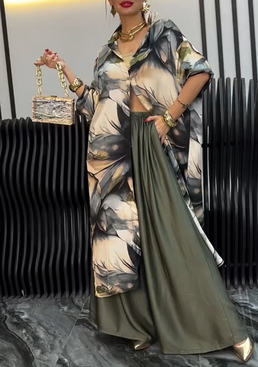 Women's Lapel Printed Long Top + Wide-leg Pants Casual Suit