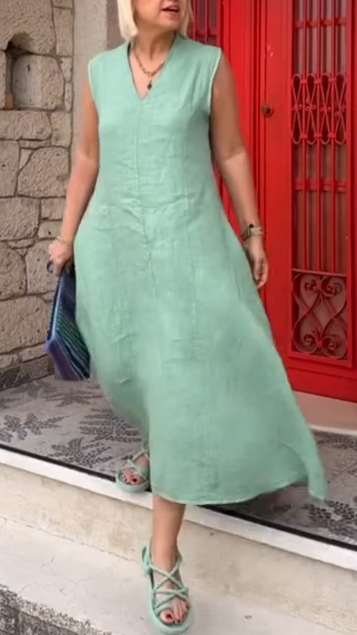 Women's V-neck Sleeveless Cotton and Linen Casual Dress