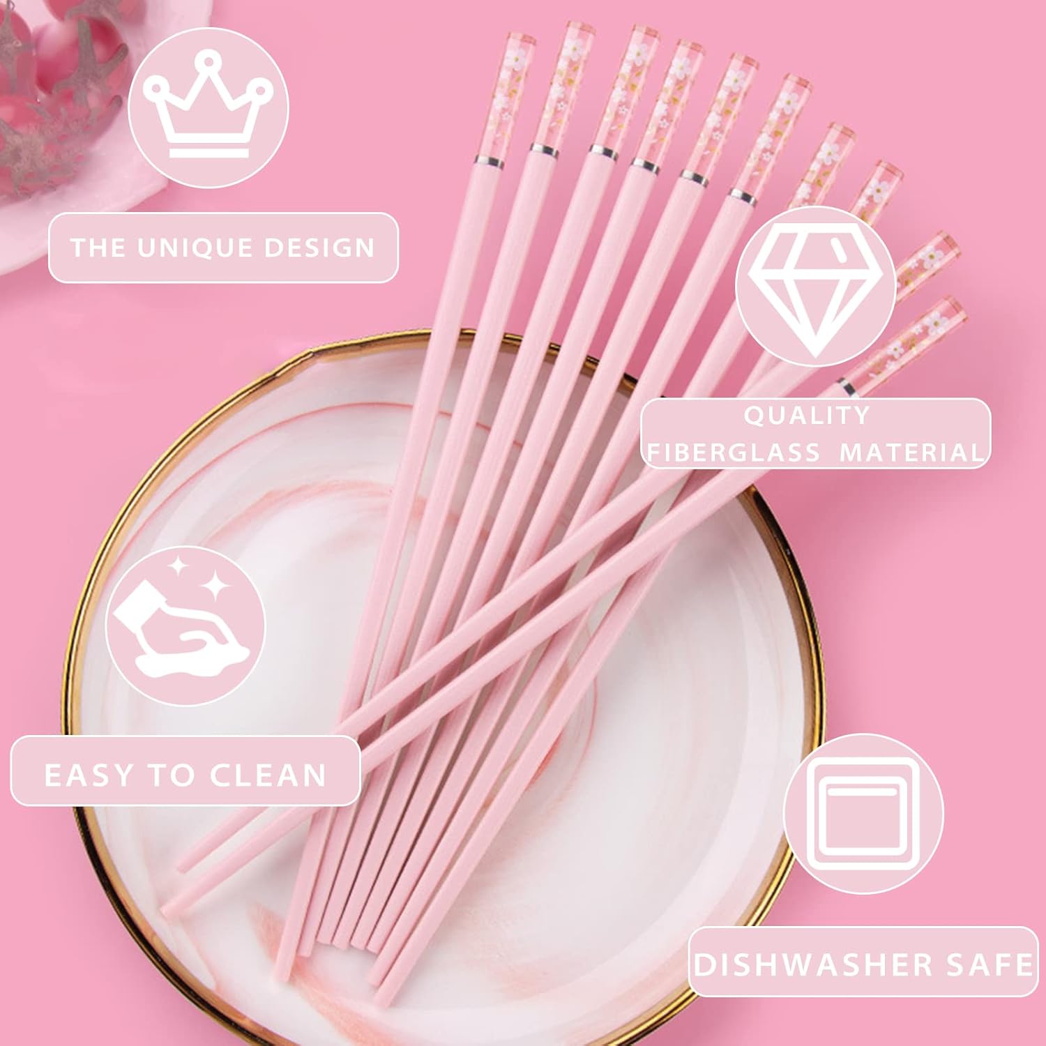 Chopsticks Reusable Dishwasher Safe, 9.57 inches Premium Non-slip Lightweight Fiberglass Chop Sticks, Japanese Chinese Chopstick Gift Set for Party, Pink- 5 Pairs