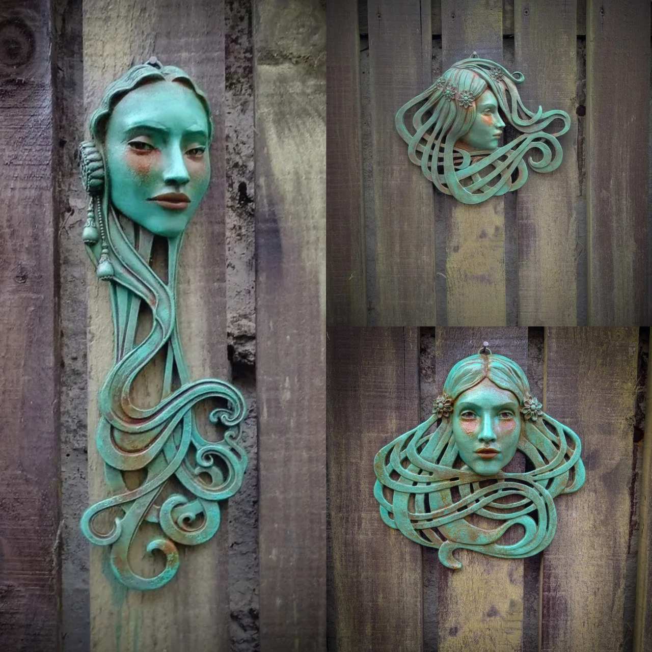 Art Nouveau inspired sculpture of beautiful female face with long stylised hair