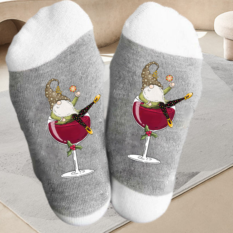 (🔥Early Christmas Sale - 50% OFF) Gnome Wine Glass Unisex Crew Socks - Buy 3 Get Extra 10% OFF