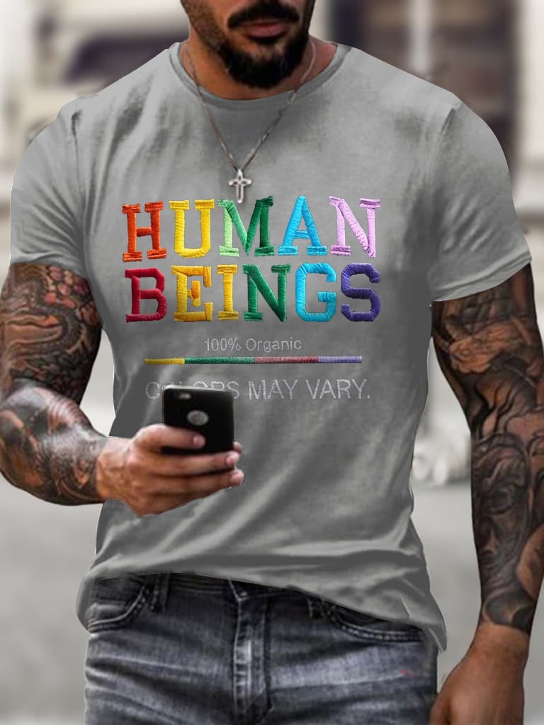 Men's Retro Human Beings 100% Organic Colors May Vary Human Rights Equality Pride Print T-Shirt