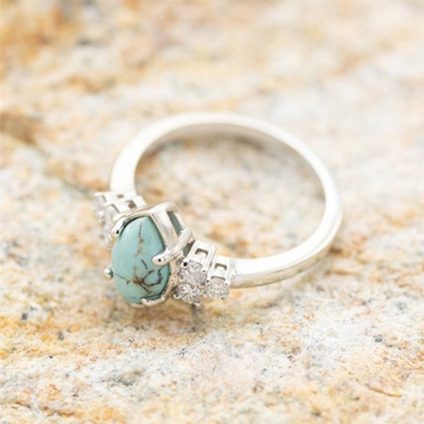 Sterling Silver Natural Turquoise Diamond Ring - BUY 2 FREE SHIPPING