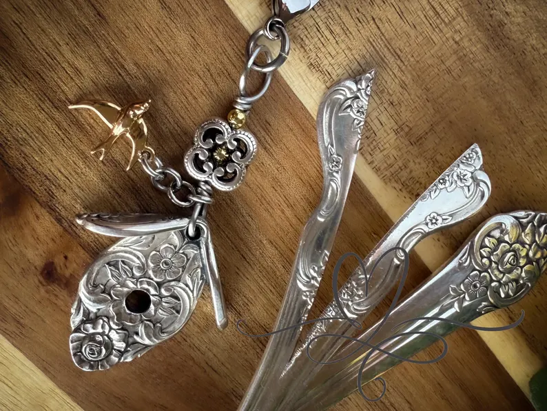 The 1948 “Plantation” Birdhouse Necklace or Purse Charm • Made From Authentic Silver-Plated, Vintage Silverware