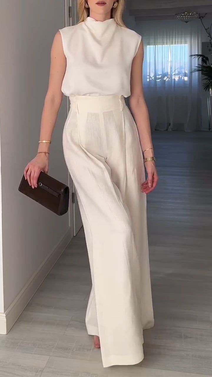 Women's Round Neck Sleeveless Cotton and Linen Casual Suit