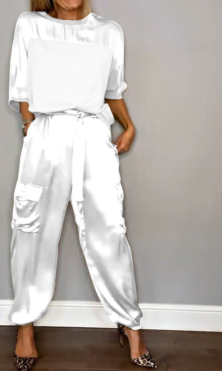 Women's Smooth Satin Half-sleeved Top and Pant Two-piece Suit