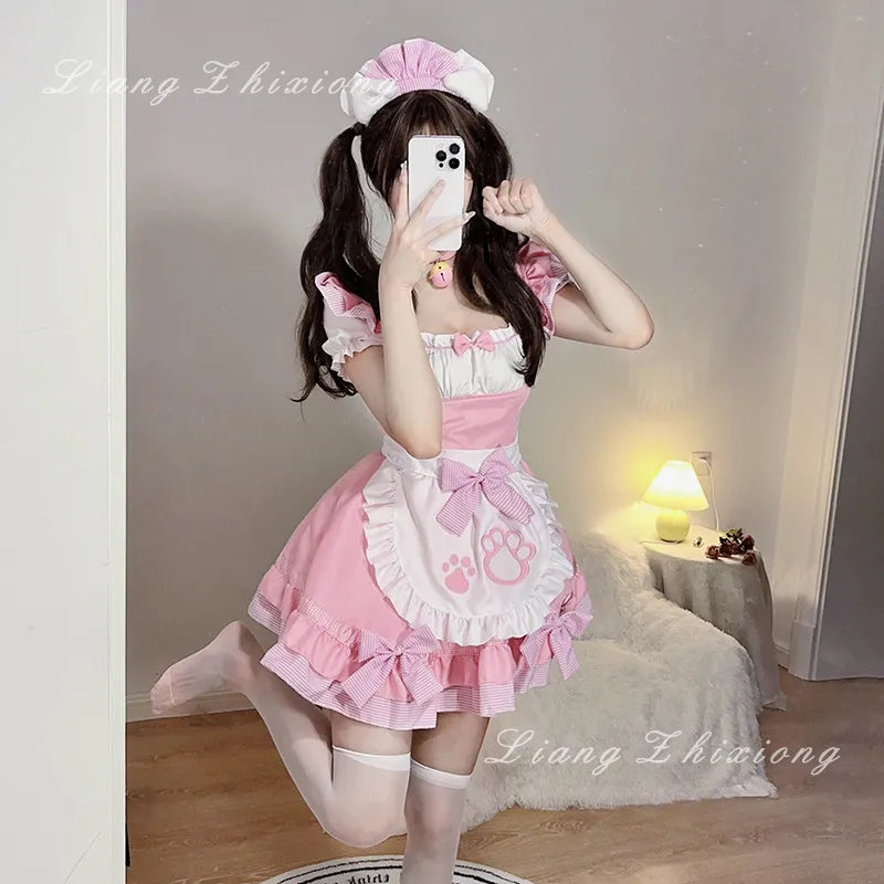 Cute Kitty Maid Apron Dress Set - Black/Pink Cosplay Costume PPF0347