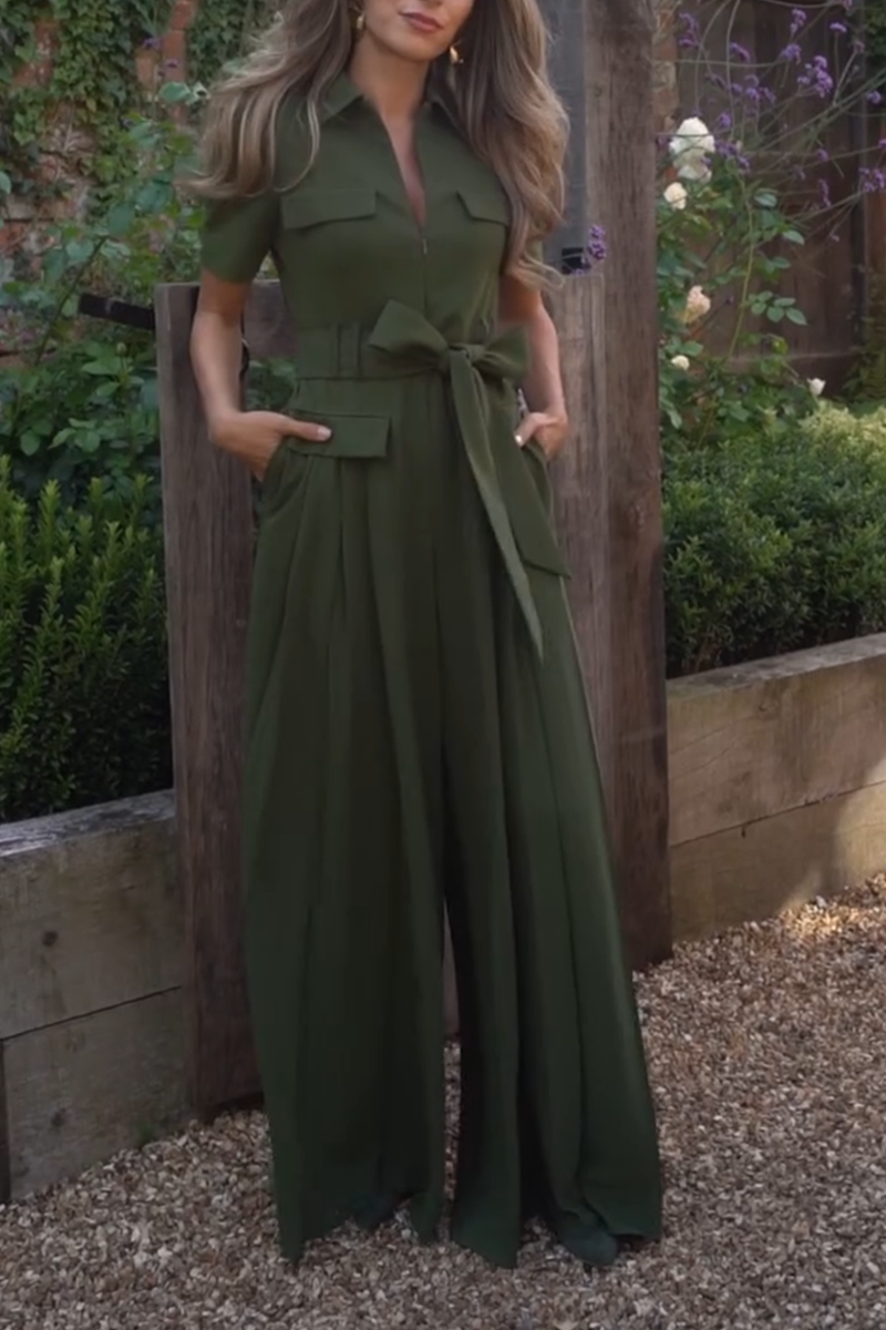 Women's Elegant Solid Color Lapel Pleated Wide Leg Jumpsuit
