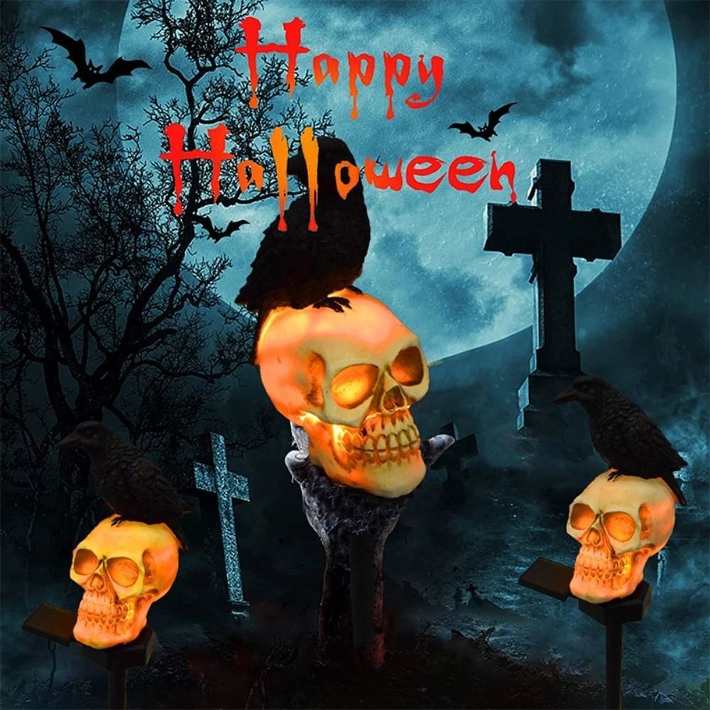 💀 Halloween Skull Solar Lights with Crow – Spooky Outdoor Decor
