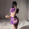 Purple Retro Cheongsam Lingerie Set | Sexy Qipao Corset Top & Sheer Mesh Skirt | Open Cup Bust Chain Detail | Floral Lace Teddy & G-String | Exotic Boudoir Outfit for Women PPF0343