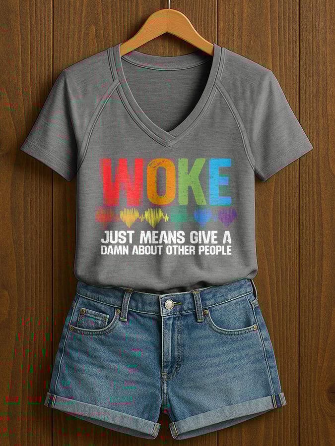 V-Neck Retro Women Woke Just Means Give A Damn About Other People Print T-Shirt