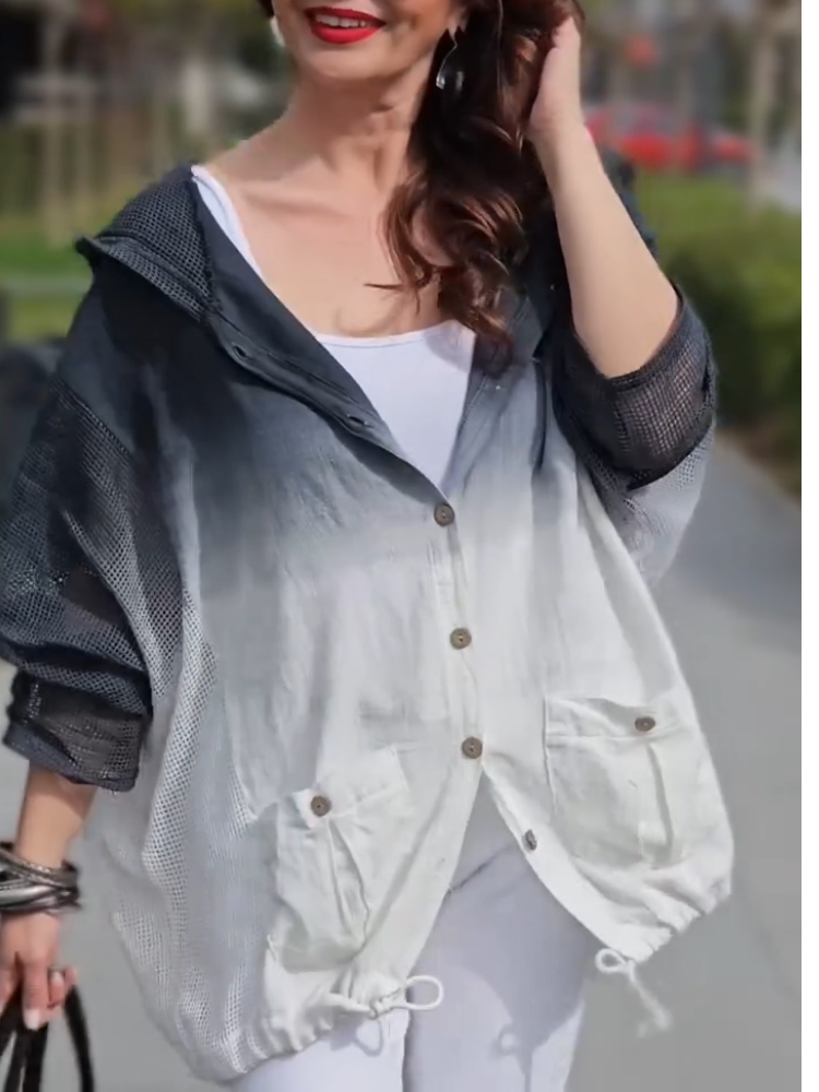 Women's Hooded Button Gradient Printed Casual Blouse