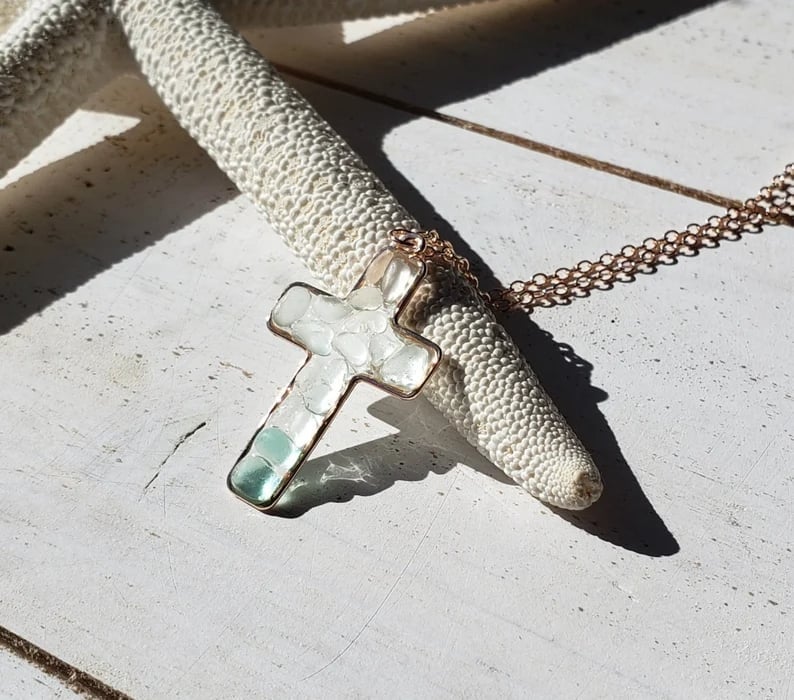 ✝️Handmade  Sea Glass 925™Silver Cross Necklace🌊