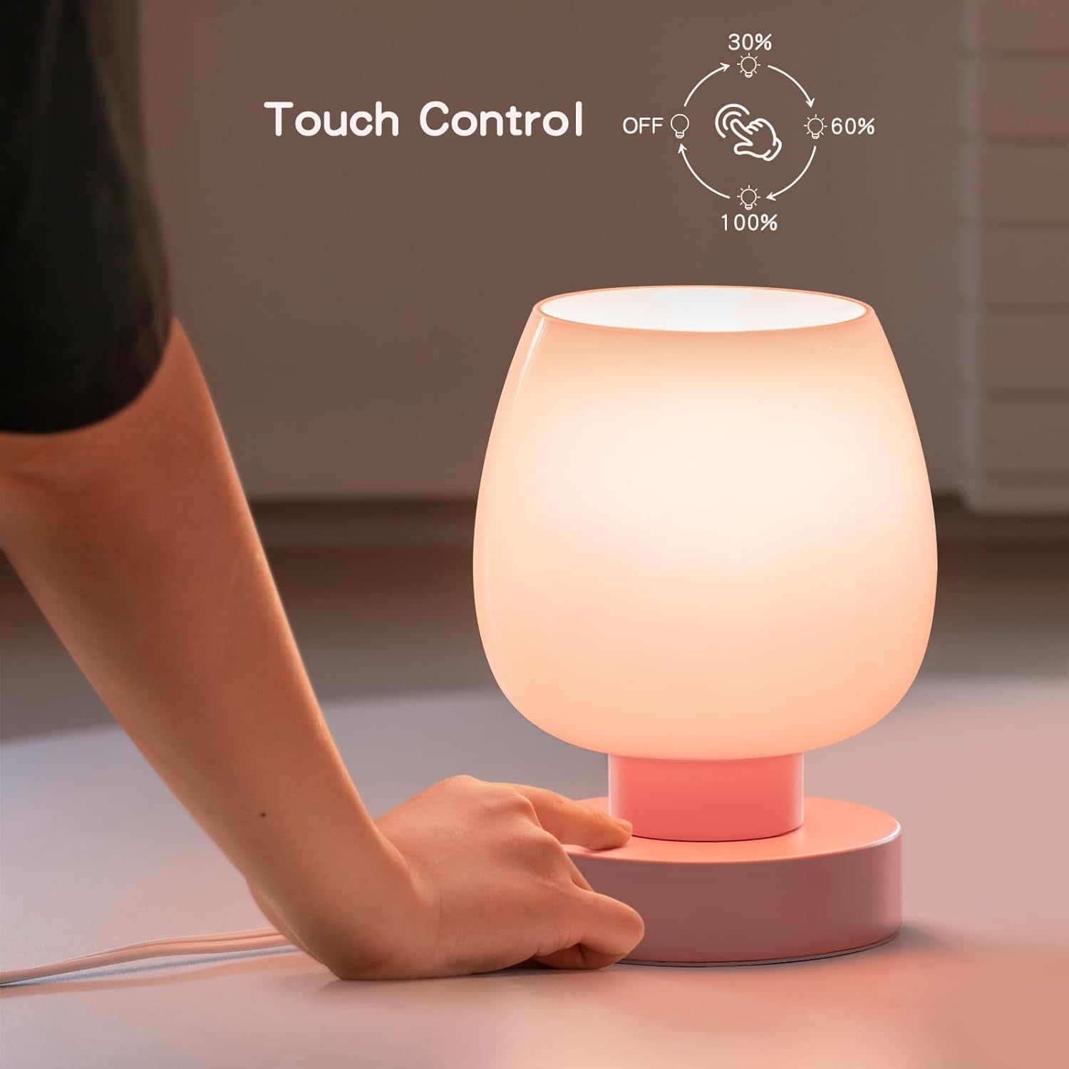 Touch Bedside Table Lamp - Modern Small Lamp for Bedroom Living Room Nightstand, Desk lamp with White Opal Glass Lamp Shade, Warm LED Bulb, 3 Way Dimmable, Simple Design Mother's Day Gifts