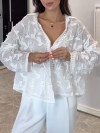 Women's Lapel Leaf Embroidered Button Casual Top