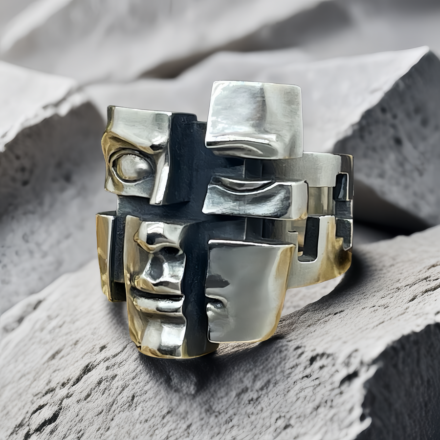 Split-Persona Mask Silver Ring