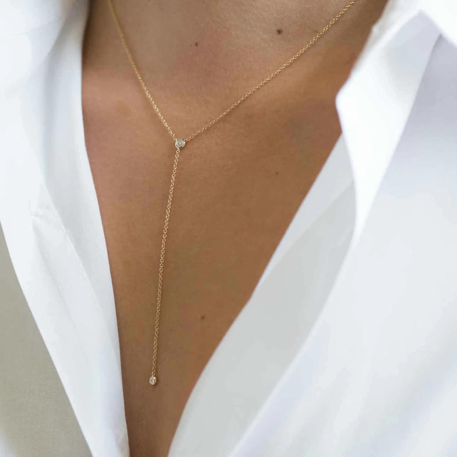 Tewiky Diamond Necklaces for Women, Dainty Gold Necklace 14k Gold Plated Long Lariat Necklace Simple Gold CZ Diamond Choker Necklaces for Women Trendy Gold Necklace Jewelry Gifts for Girls