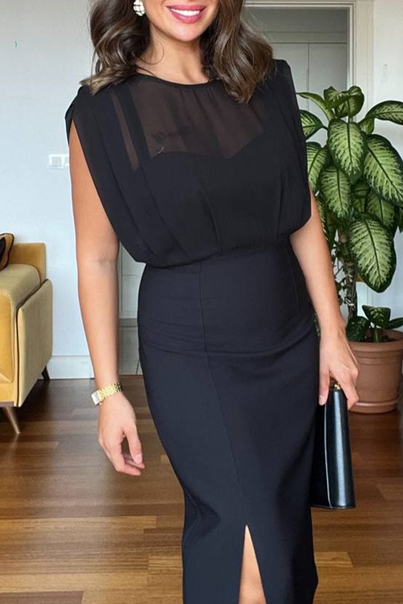 Women's Round Neck Sleeveless Chiffon Stitching Elegant Dress Without Belt