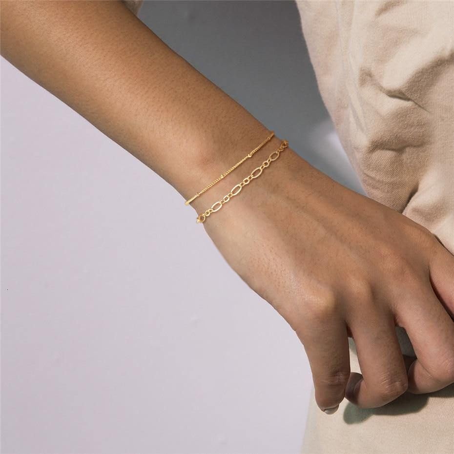 Moodear Gold Bracelet for Women 14K Real Gold Bracelet Sets for Women Dainty Snake Chain Bracelet Adjustable Cuban Link Bracelet for Women Cuff Bangle Gold Stackable Bracelets for Womens Jewelry Sets