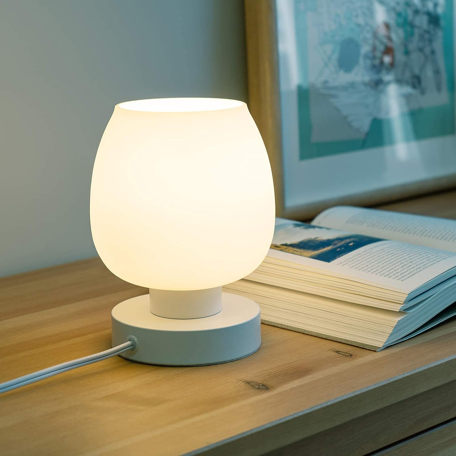 Touch Bedside Table Lamp - Modern Small Lamp for Bedroom Living Room Nightstand, Desk lamp with White Opal Glass Lamp Shade, Warm LED Bulb, 3 Way Dimmable, Simple Design Mother's Day Gifts