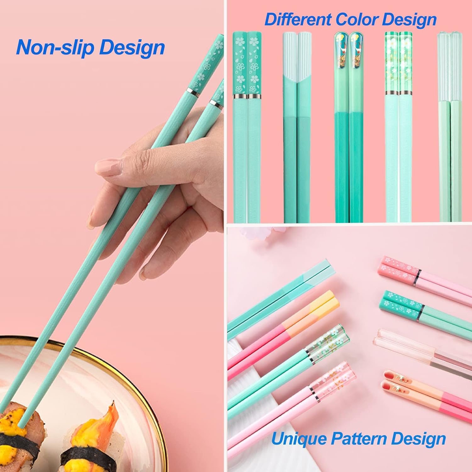 Chopsticks Reusable Dishwasher Safe, 9.57 inches Premium Non-slip Lightweight Fiberglass Chop Sticks, Japanese Chinese Chopstick Gift Set for Party, Pink- 5 Pairs